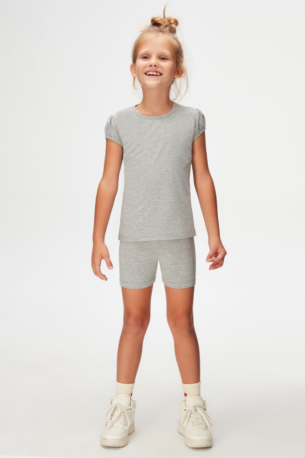 Girls' Basic Crew Neck Puff Sleeve T-Shirt (COOL GRAY)