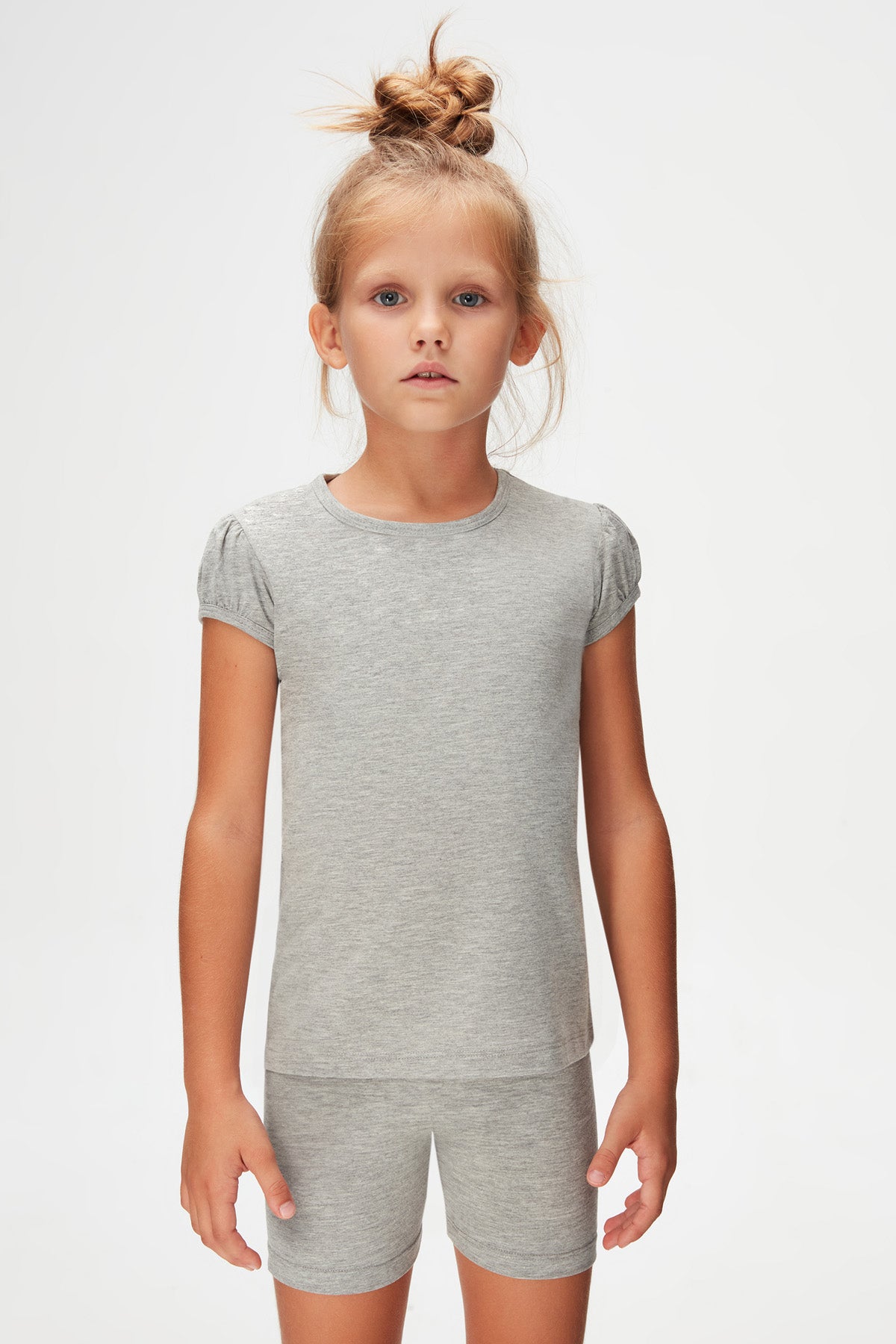 Girls' Basic Crew Neck Puff Sleeve T-Shirt (COOL GRAY)
