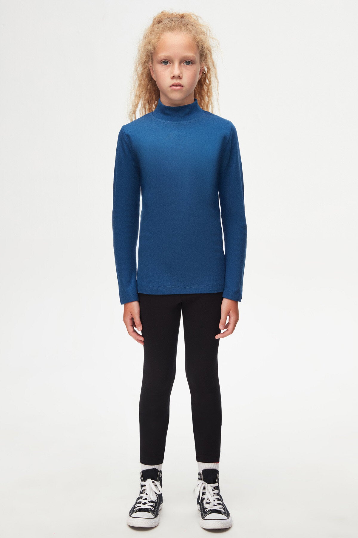 Girls' Basic Winter Mock Neck Long Sleeve T-Shirt (INDIGO)
