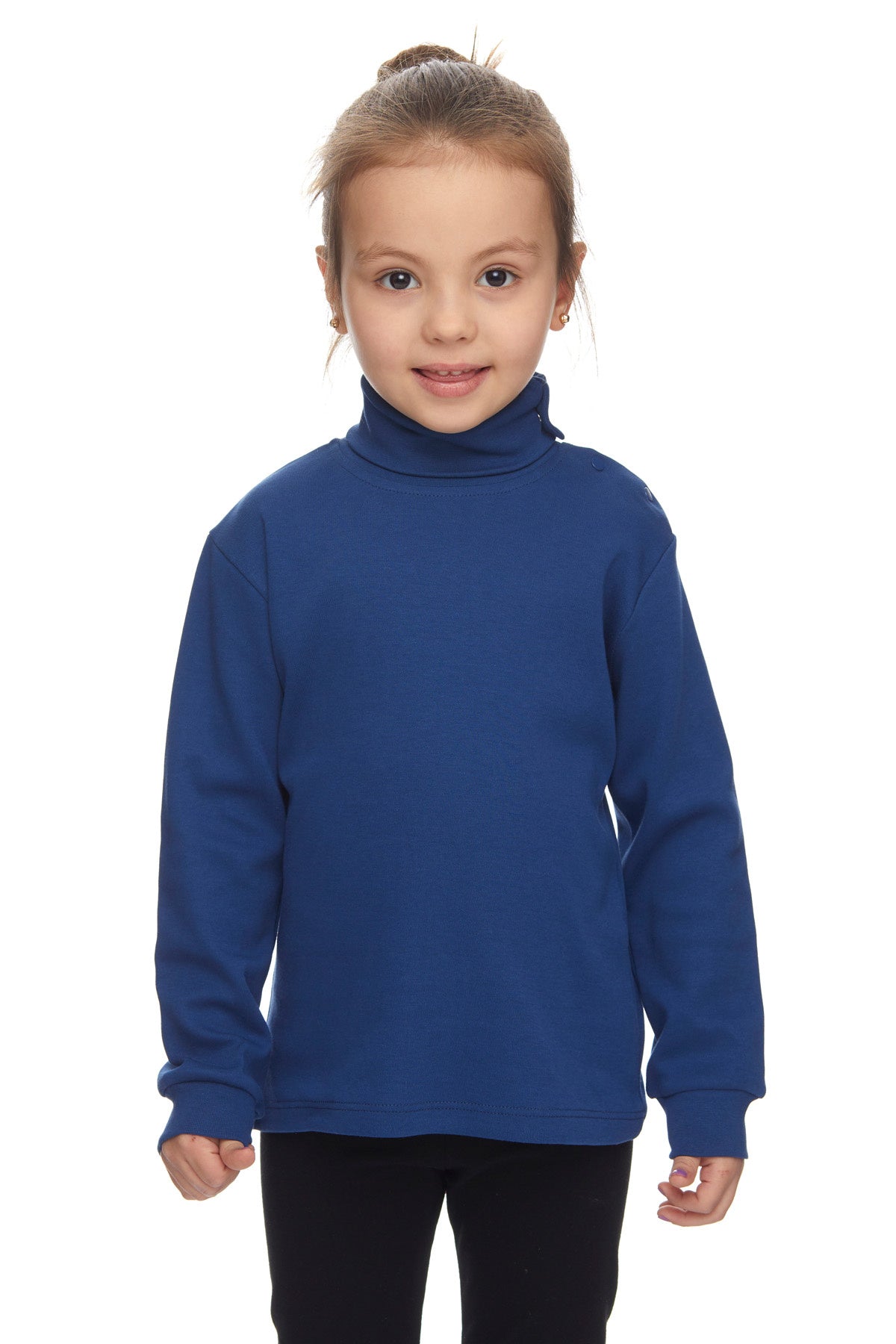 Girls' Basic Snap-Button Full Turtleneck Fleeced Winter Long Sleeve T-Shirt (INDIGO)