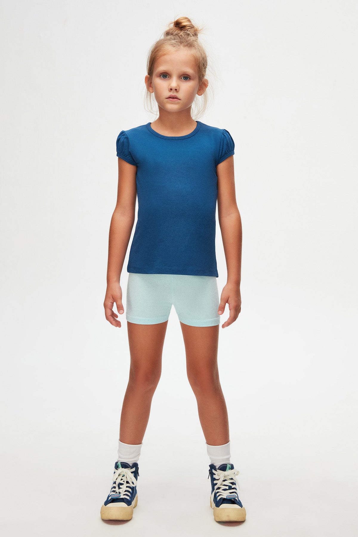 Girls' Basic Crew Neck Puff Sleeve T-Shirt (INDIGO)