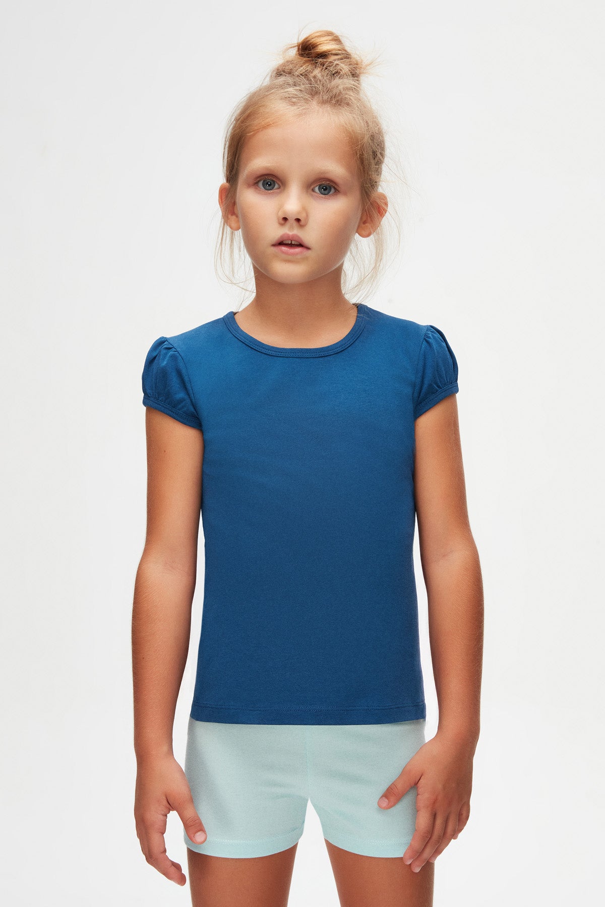 Girls' Basic Crew Neck Puff Sleeve T-Shirt (INDIGO)