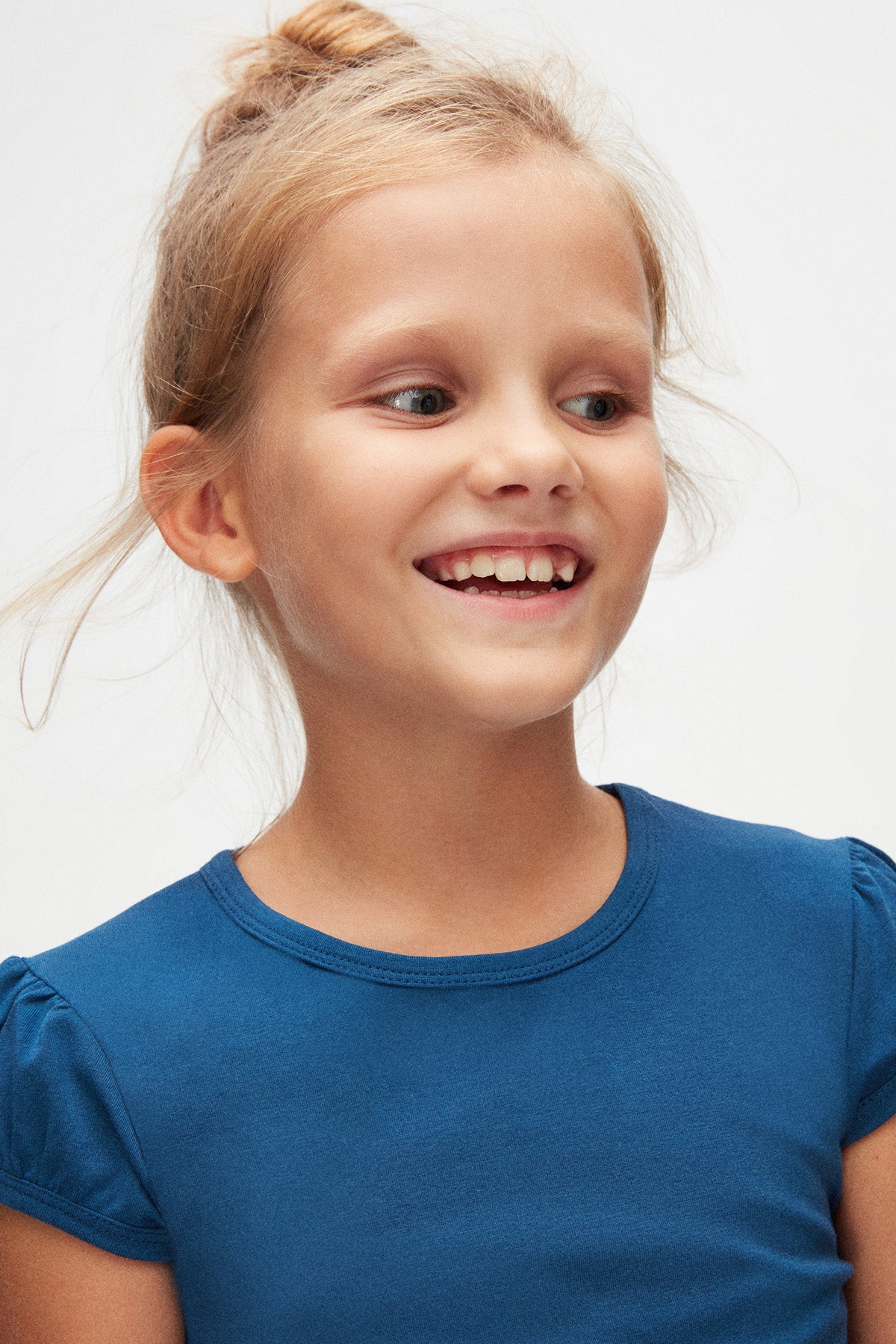 Girls' Basic Crew Neck Puff Sleeve T-Shirt (INDIGO)