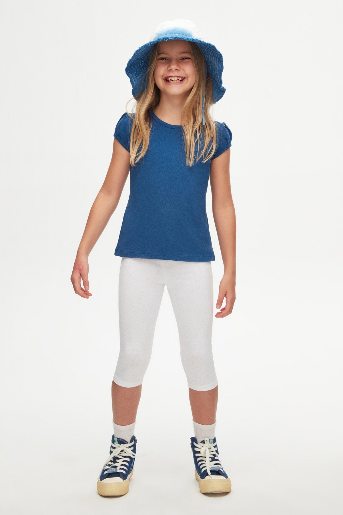 Girls' Basic Crew Neck Puff Sleeve T-Shirt (INDIGO)