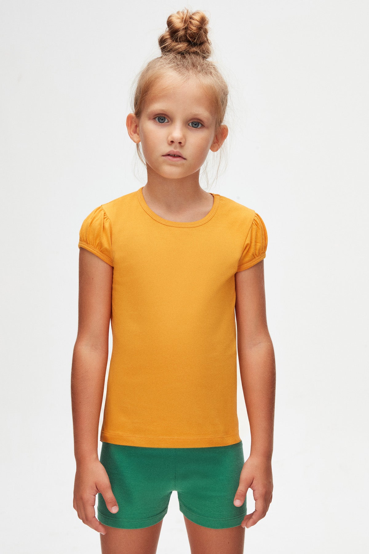 Girls' Basic Crew Neck Puff Sleeve T-Shirt (CADMIUM YELLOW)