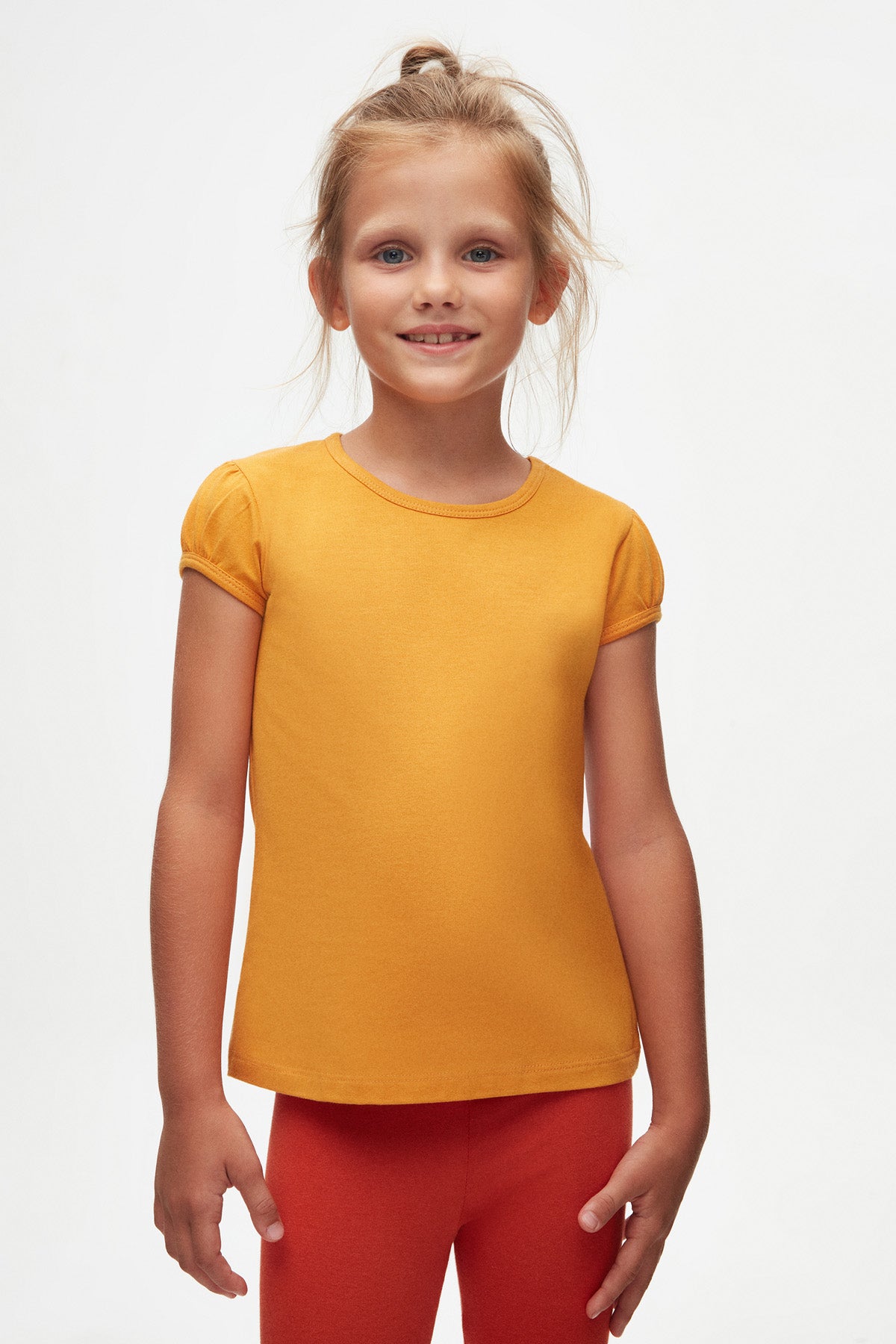 Girls' Basic Crew Neck Puff Sleeve T-Shirt (CADMIUM YELLOW)