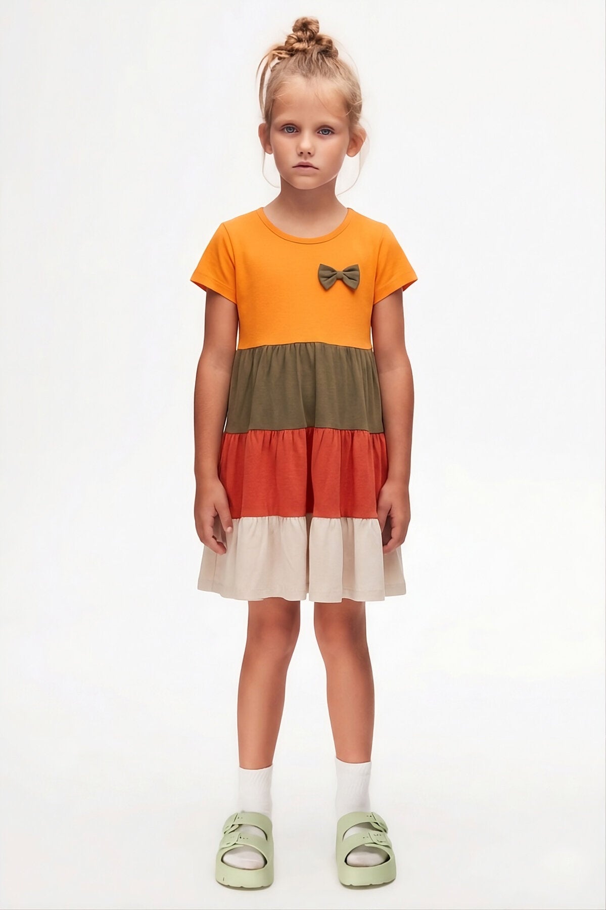 Girls' Tiered Short Sleeve Dress with Rhinestone Bow