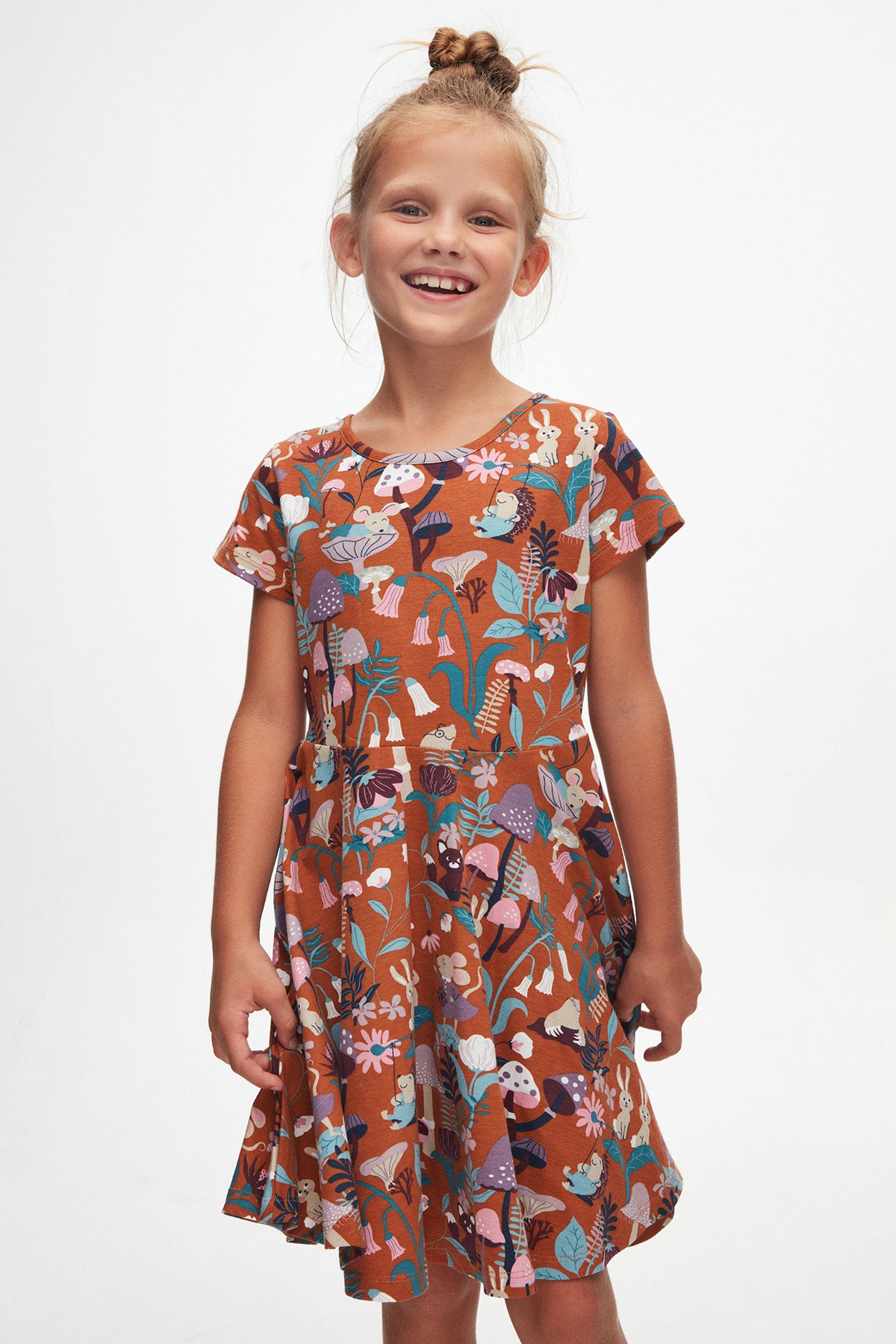 Girls Forest Animals Patterned Short Sleeve Dress (CHESTNUT)