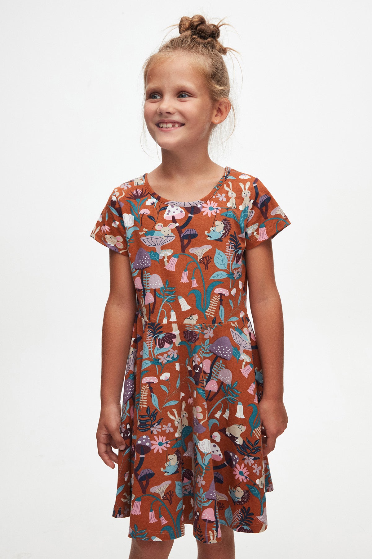 Girls Forest Animals Patterned Short Sleeve Dress (CHESTNUT)