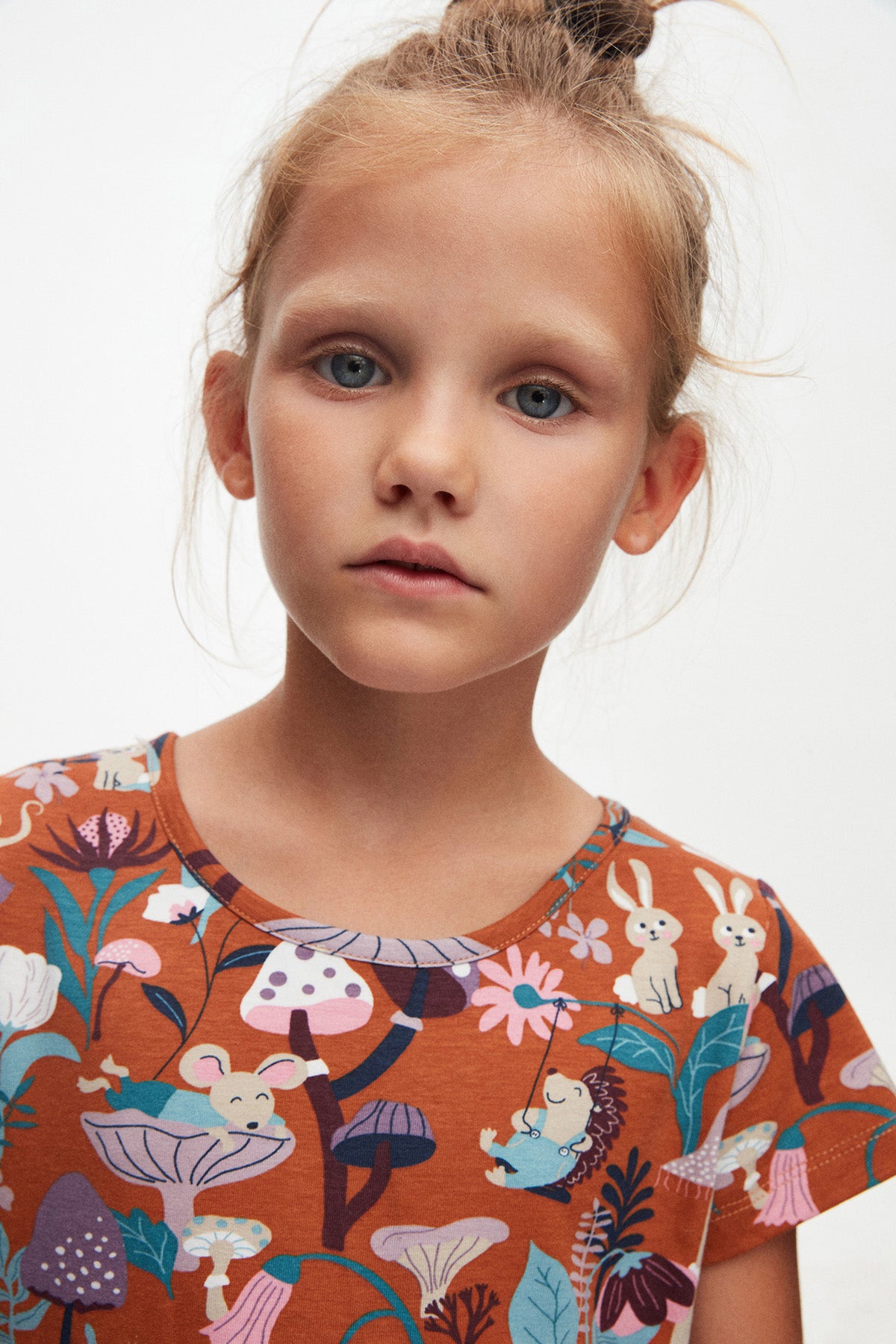 Girls Forest Animals Patterned Short Sleeve Dress (CHESTNUT)