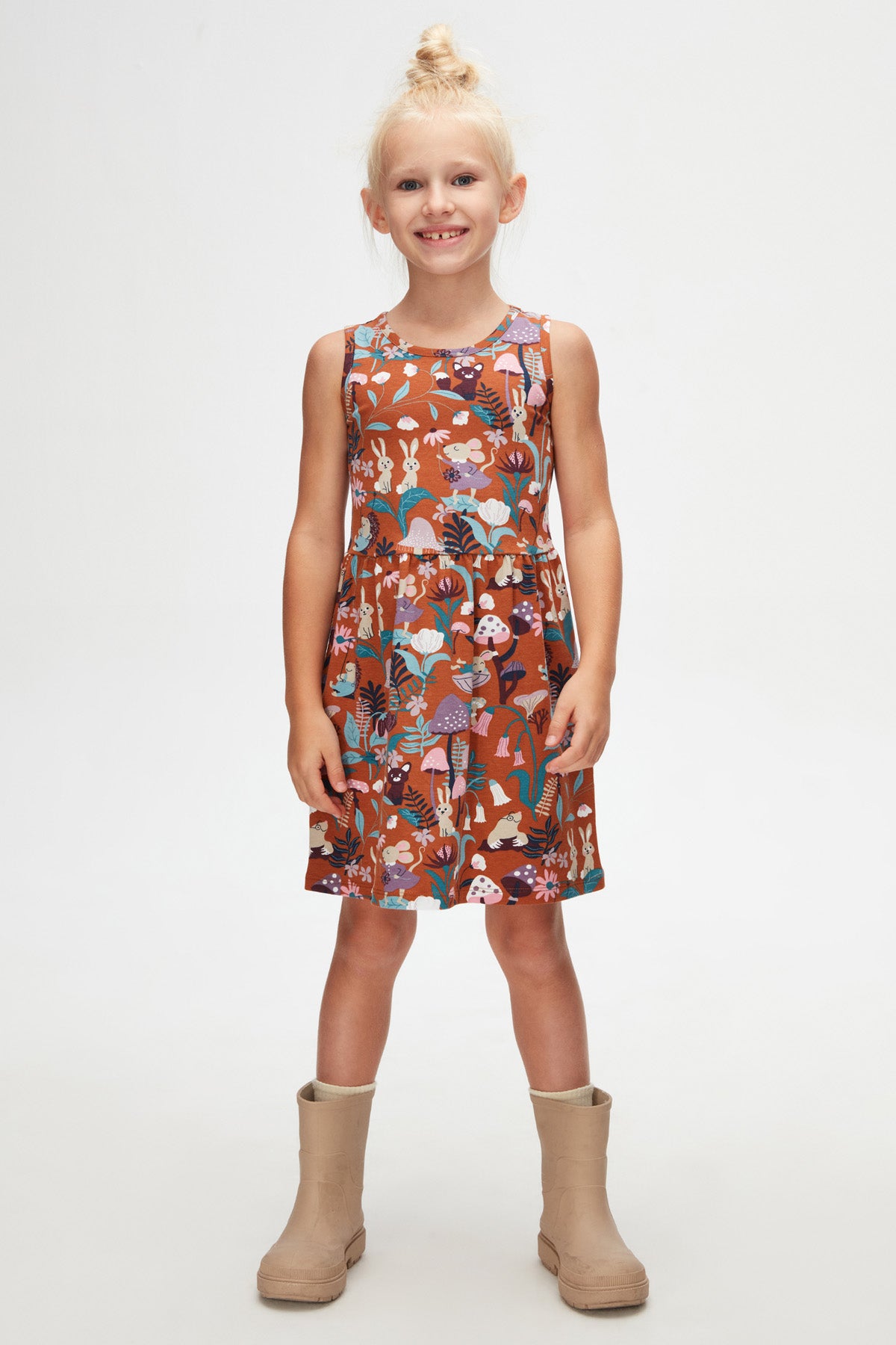Girls' Forest Animals Patterned Sleeveless Dress (CHESTNUT)