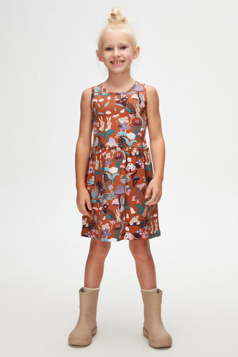 Girls' Forest Animals Patterned Sleeveless Dress (CHESTNUT)