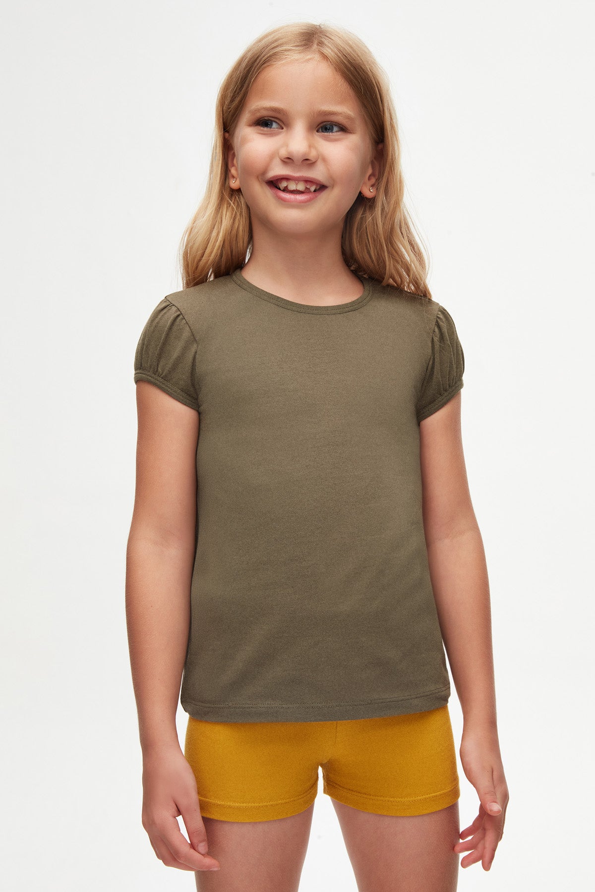 Girls' Basic Crew Neck Puff Sleeve T-Shirt (MILITARY OLIVE)