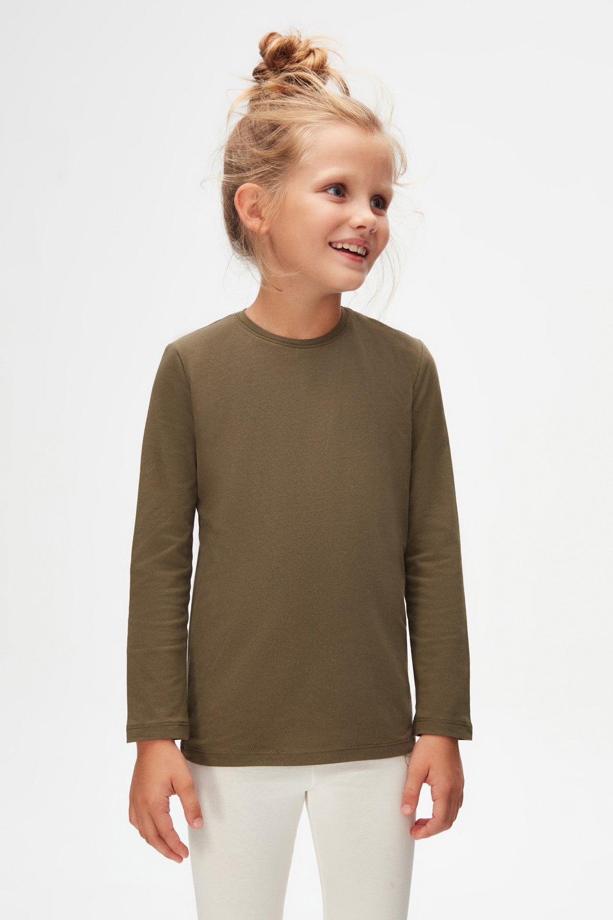 Basic Unisex Kids Seasonal Crew Neck Long Sleeve T-Shirt (MILITARY OLIVE)