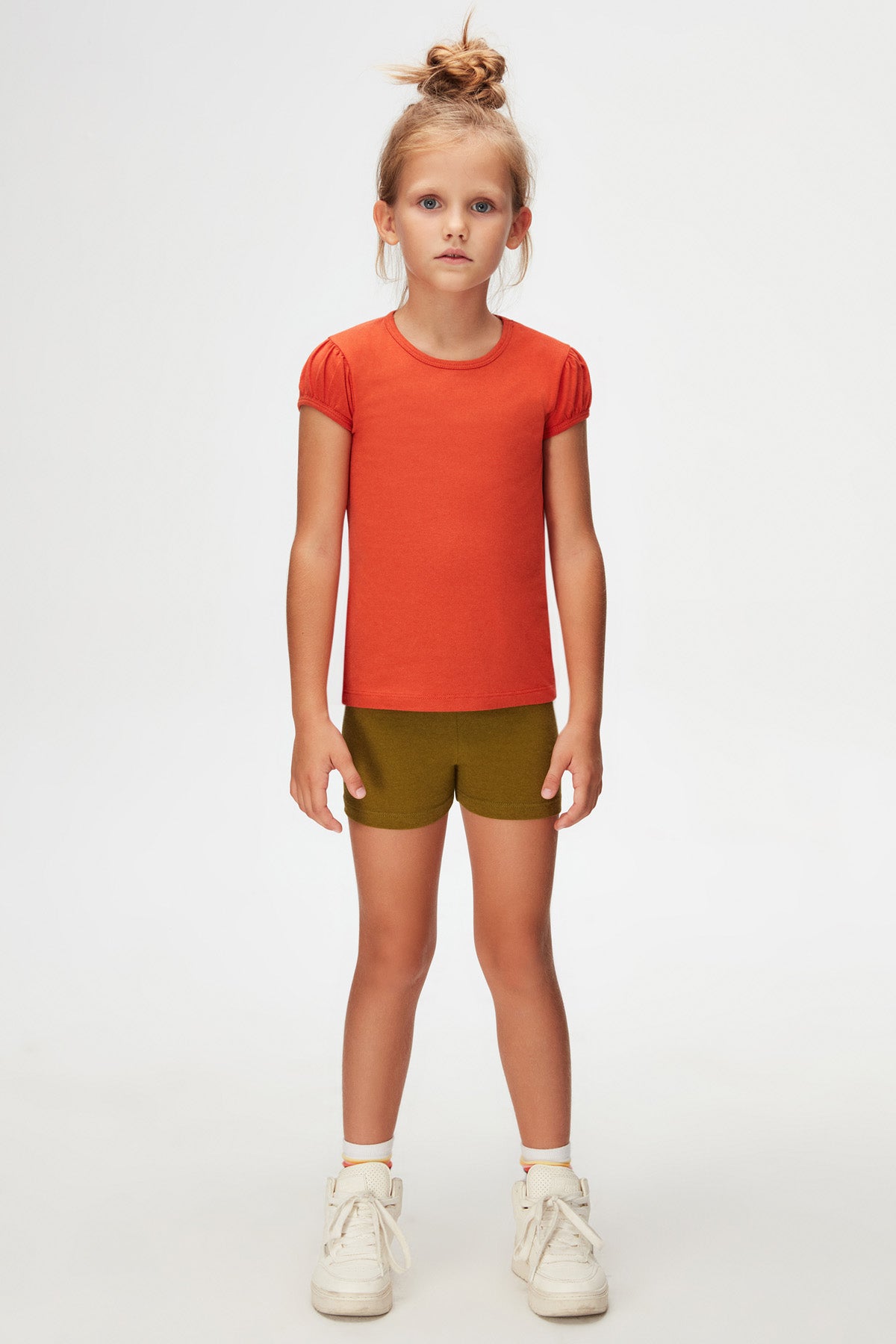 Girls' Basic Crew Neck Puff Sleeve T-Shirt (PUREED PUMPKIN)
