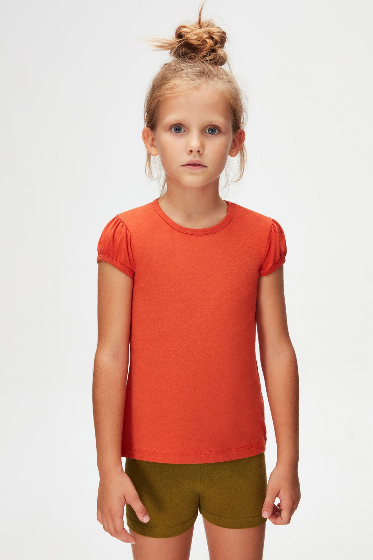 Girls' Basic Crew Neck Puff Sleeve T-Shirt (PUREED PUMPKIN)