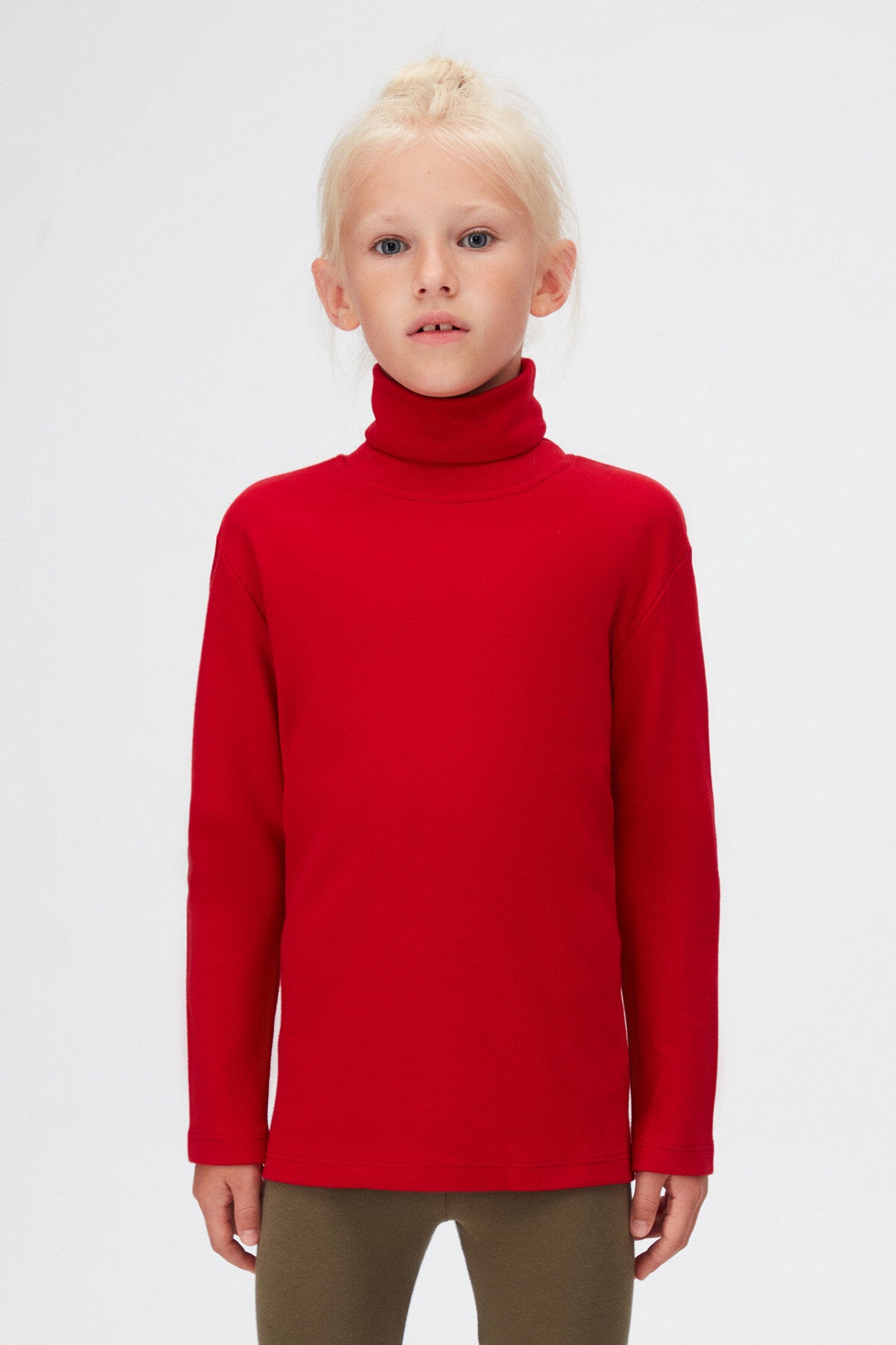 Girls' Basic Winter Full Turtleneck Long Sleeve T-Shirt (POPPY RED)