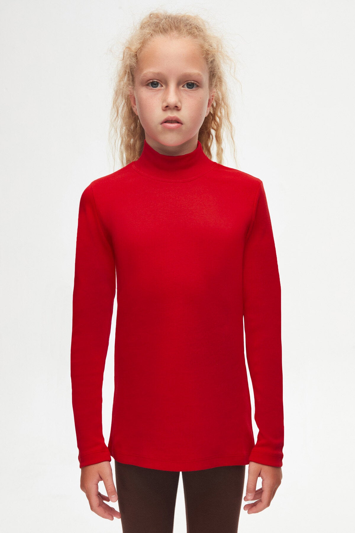 Girls' Basic Winter Mock Neck Long Sleeve T-Shirt (POPPY RED)