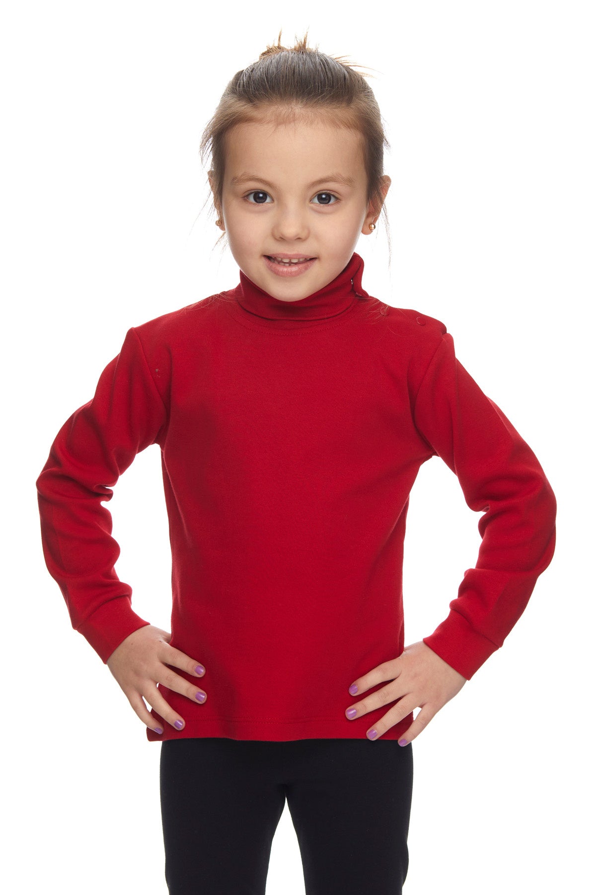 Girls' Basic Snap-Button Full Turtleneck Fleeced Winter Long Sleeve T-Shirt (POPPY RED)