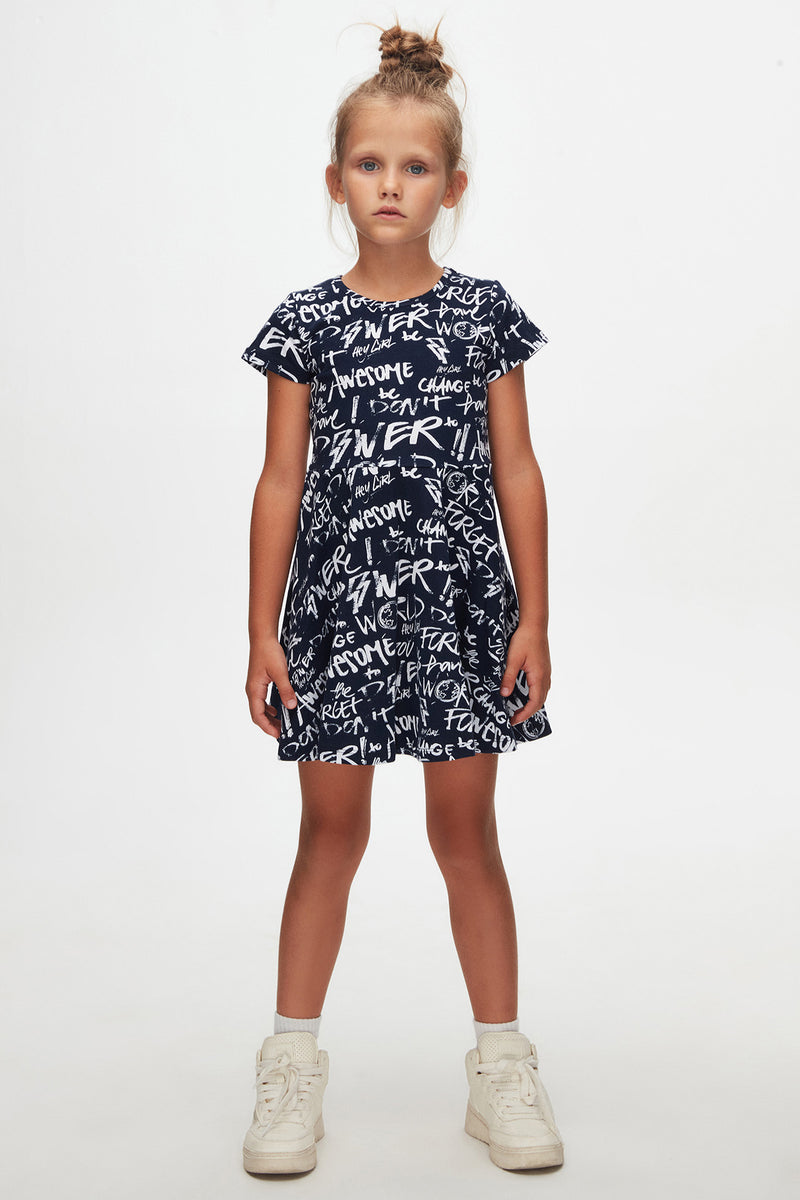 Girls' Change World Patterned Short Sleeve Flared Dress