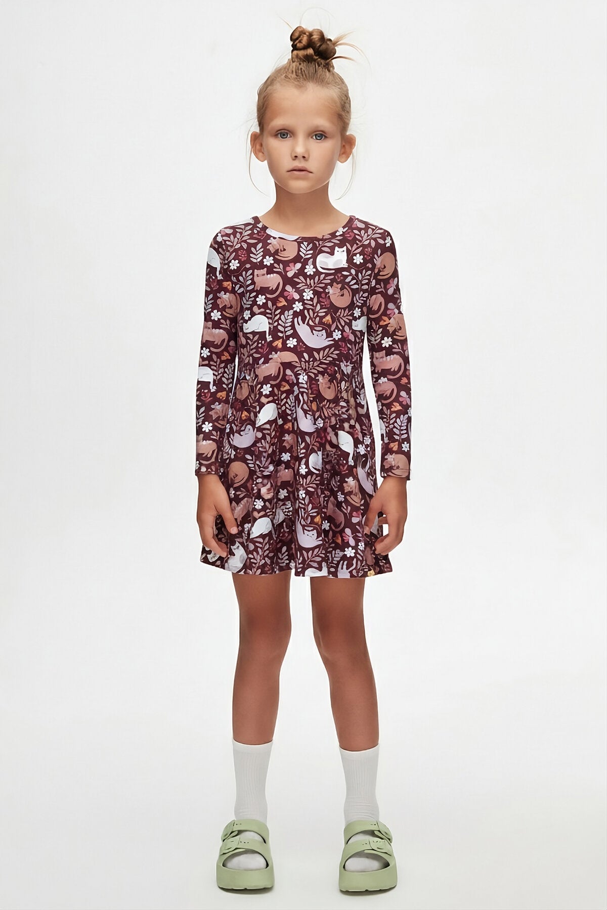 Girls' Lazy Cat Pattern Long Sleeve Dress