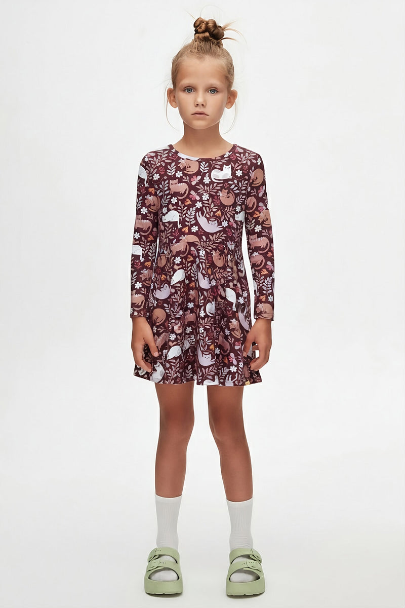 Girls' Lazy Cat Pattern Long Sleeve Dress