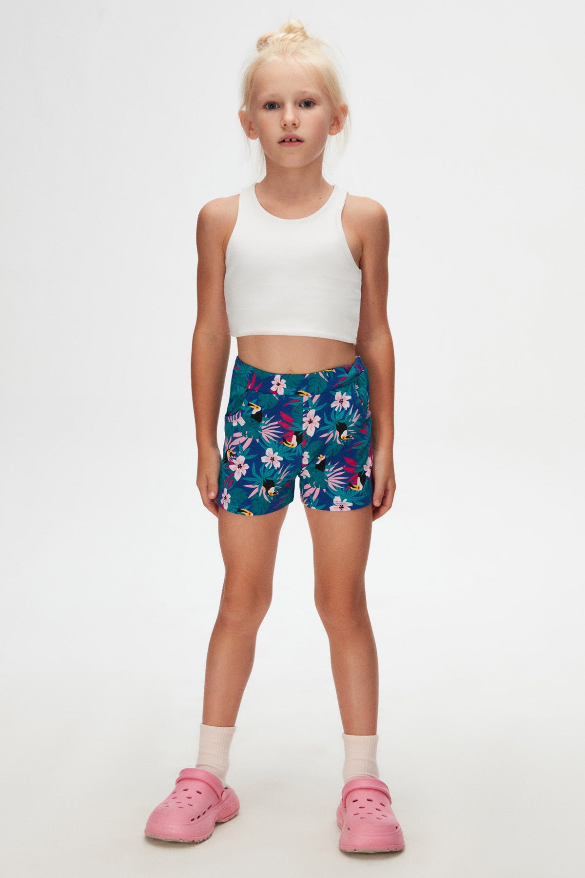 Girls' Tropical Parrot Pattern Shorts with Pockets
