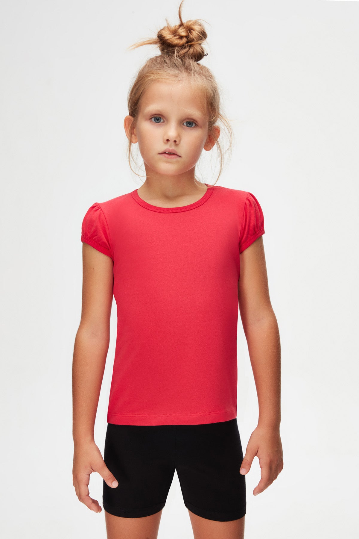 Girls' Basic Crew Neck Puff Sleeve T-Shirt (RASPBERRY)