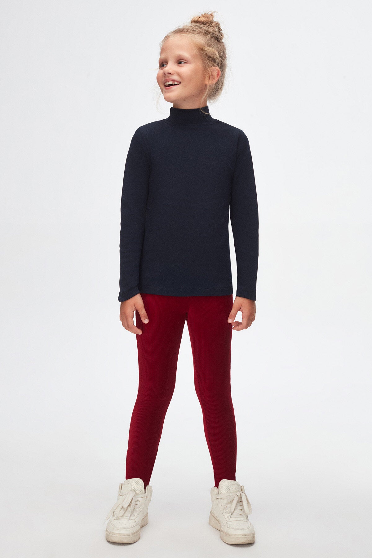 Girls' Basic Winter Mock Neck Long Sleeve T-Shirt (DARK NAVY)