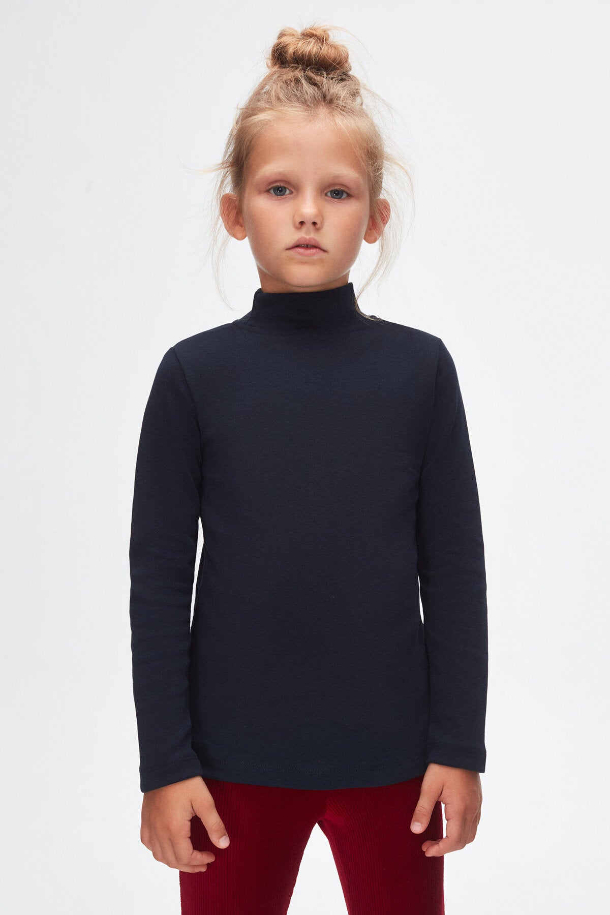 Girls' Basic Winter Mock Neck Long Sleeve T-Shirt (DARK NAVY)