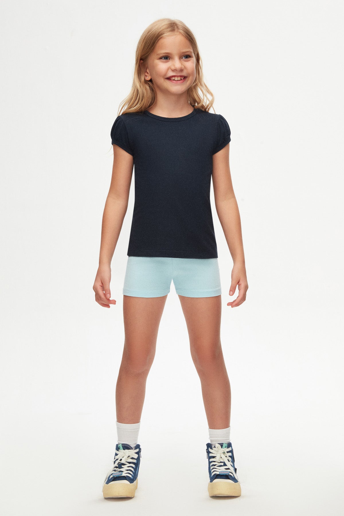 Girls' Basic Crew Neck Puff Sleeve T-Shirt (DARK NAVY)