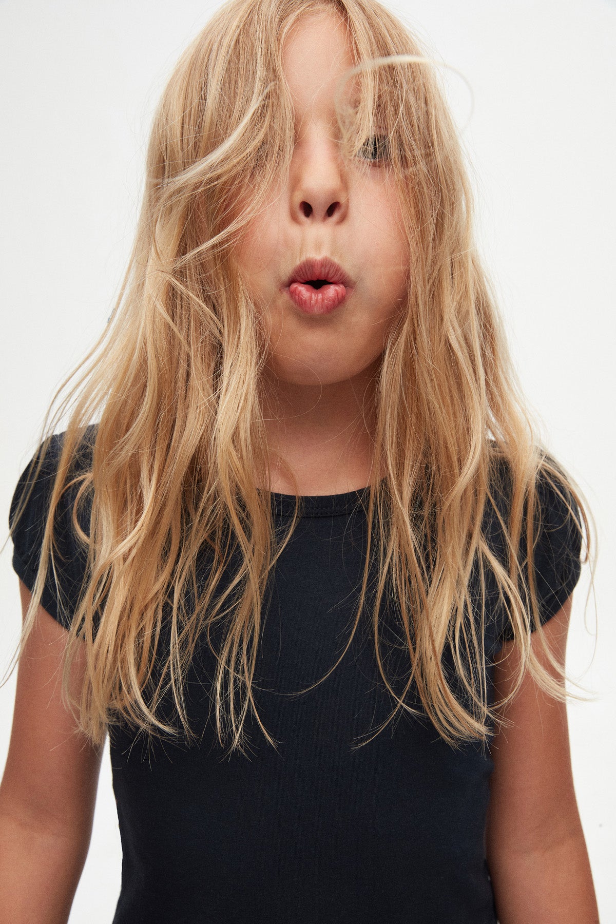 Girls' Basic Crew Neck Puff Sleeve T-Shirt (DARK NAVY)