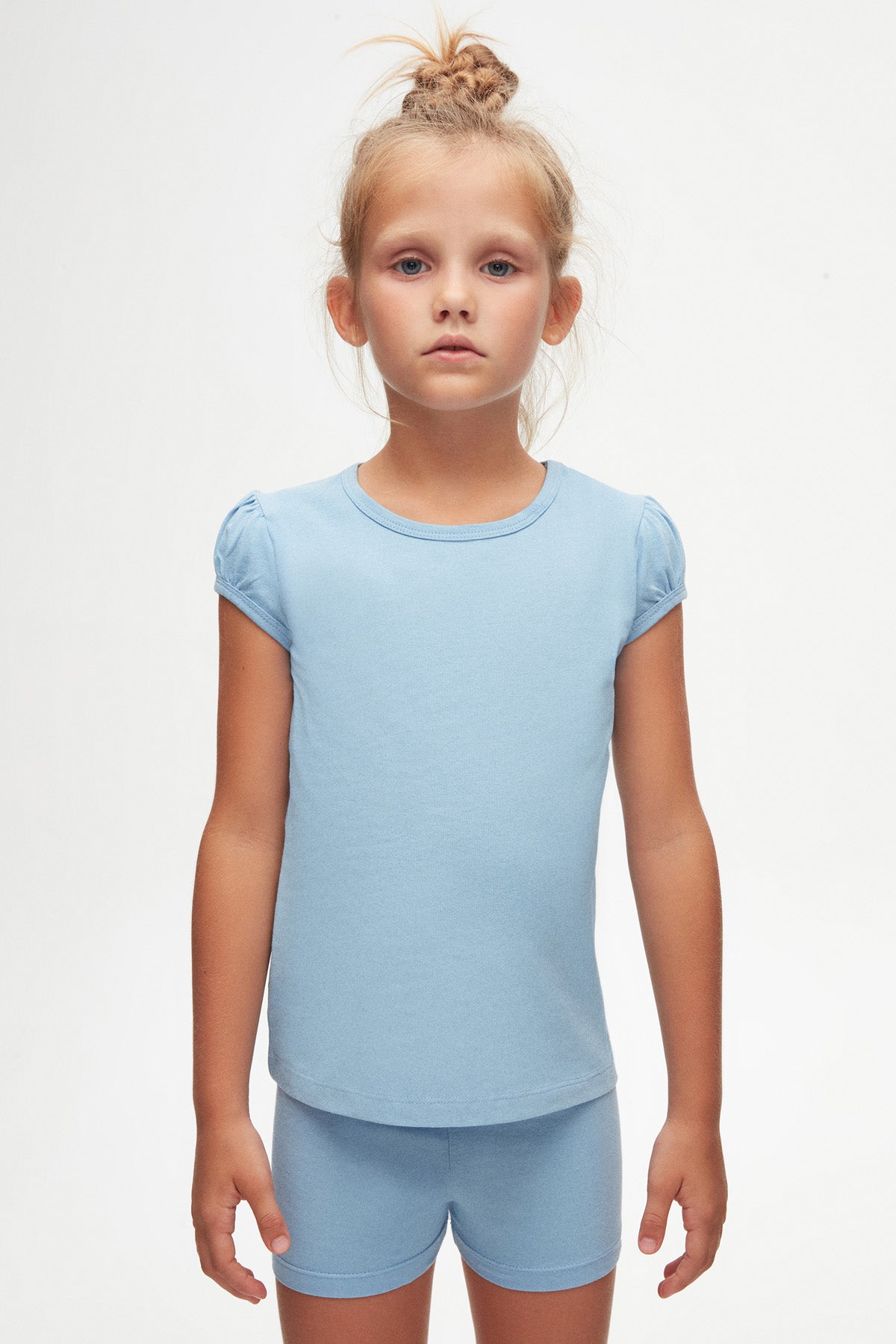 Girls' Basic Crew Neck Puff Sleeve T-Shirt (SKY BLUE)