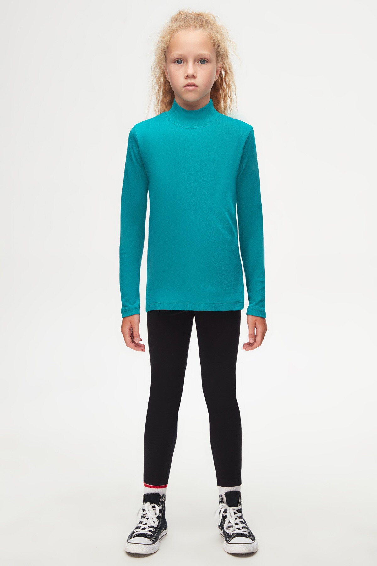 Girls' Basic Winter Mock Neck Long Sleeve T-Shirt (PACIFIC)