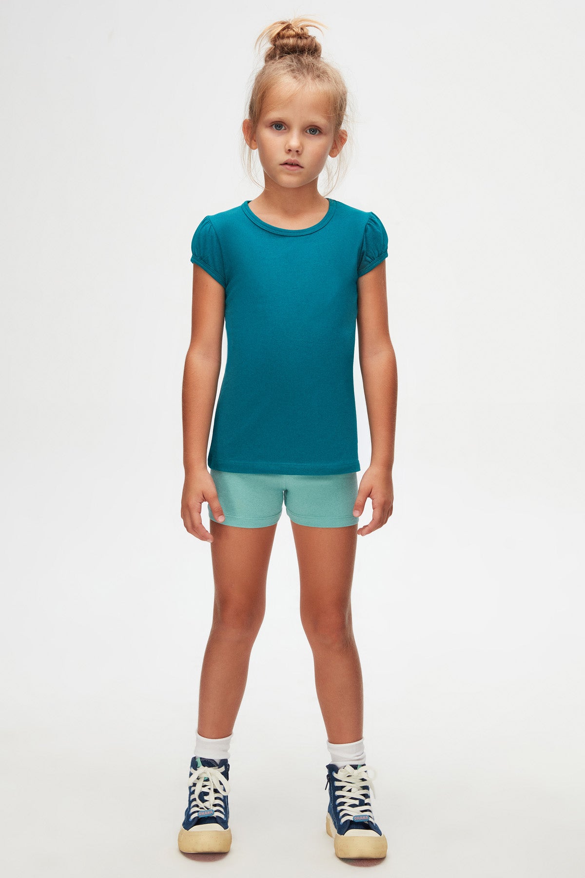 Girls' Basic Crew Neck Puff Sleeve T-Shirt (PACIFIC)