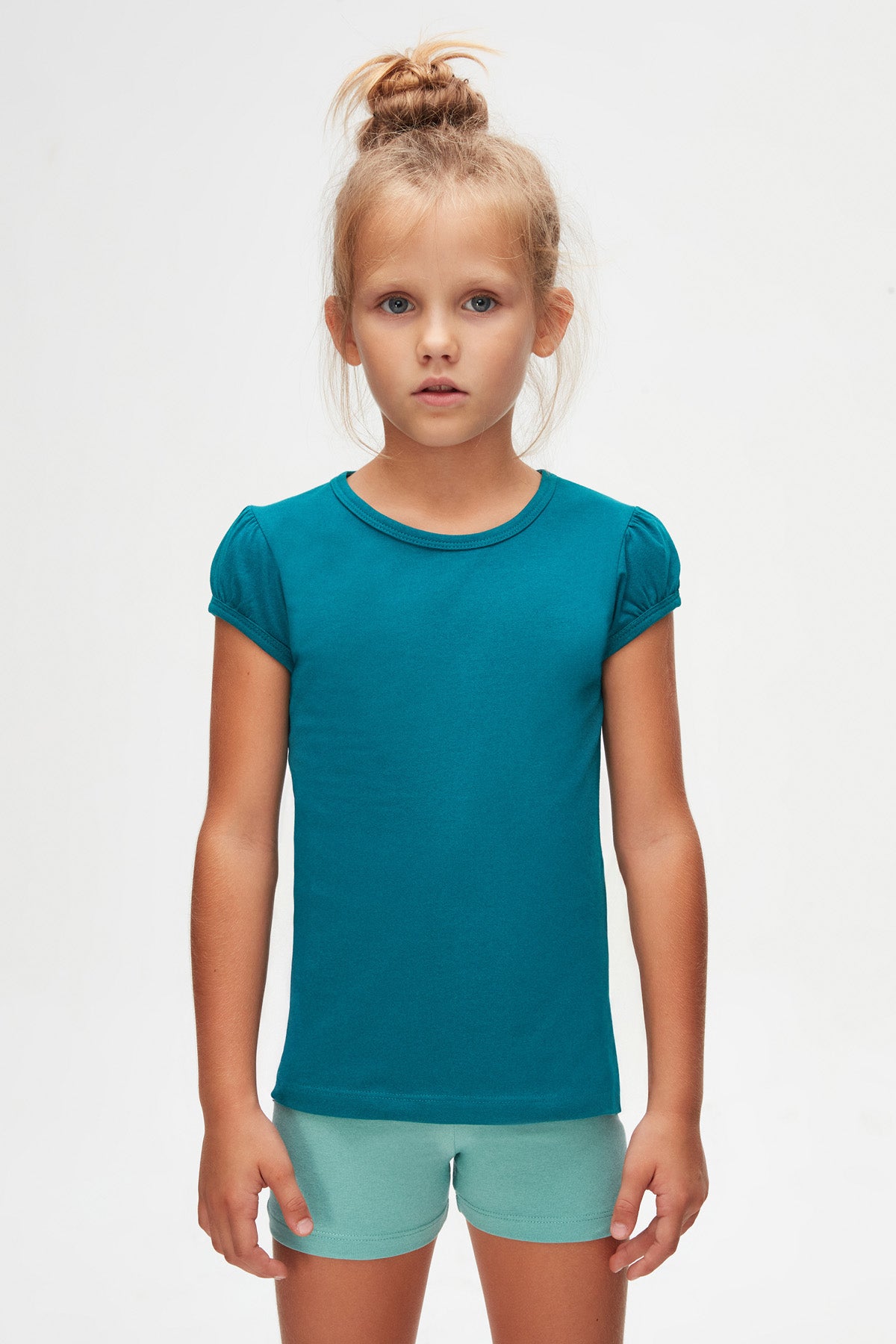 Girls' Basic Crew Neck Puff Sleeve T-Shirt (PACIFIC)