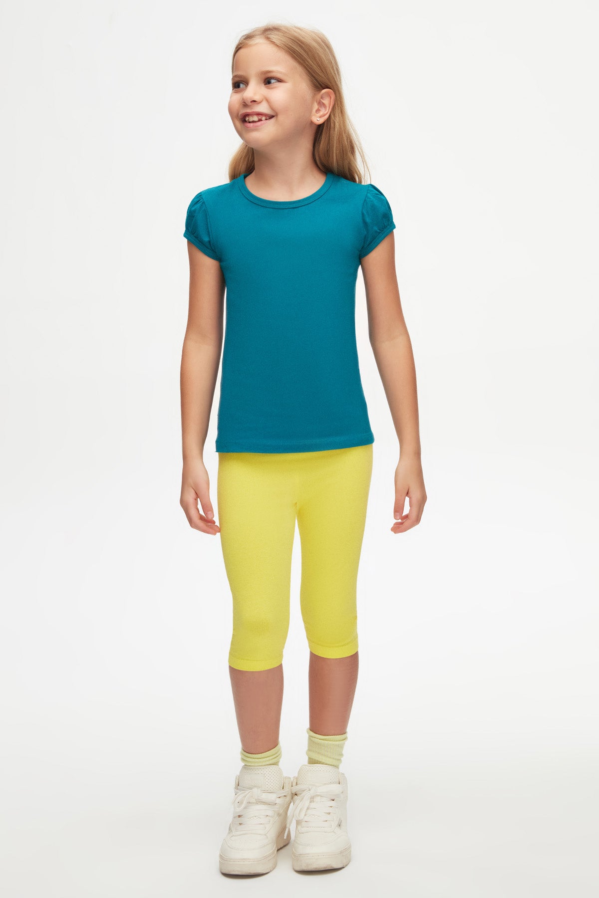 Girls' Basic Crew Neck Puff Sleeve T-Shirt (PACIFIC)