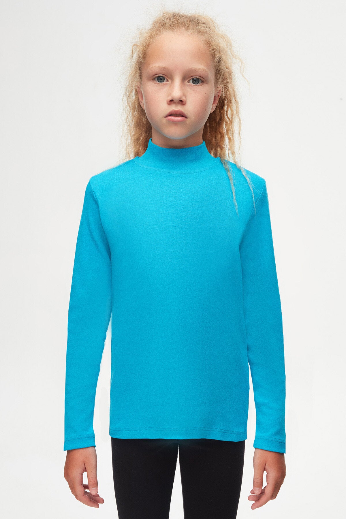 Girls' Basic Winter Mock Neck Long Sleeve T-Shirt (OCEAN TURQUOISE)