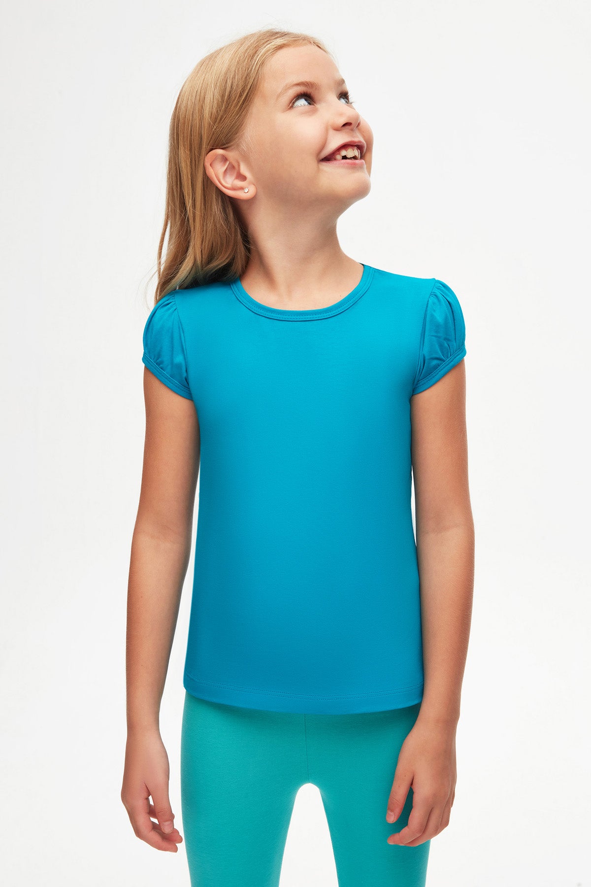 Girls' Basic Crew Neck Puff Sleeve T-Shirt (OCEAN TURQUOISE)