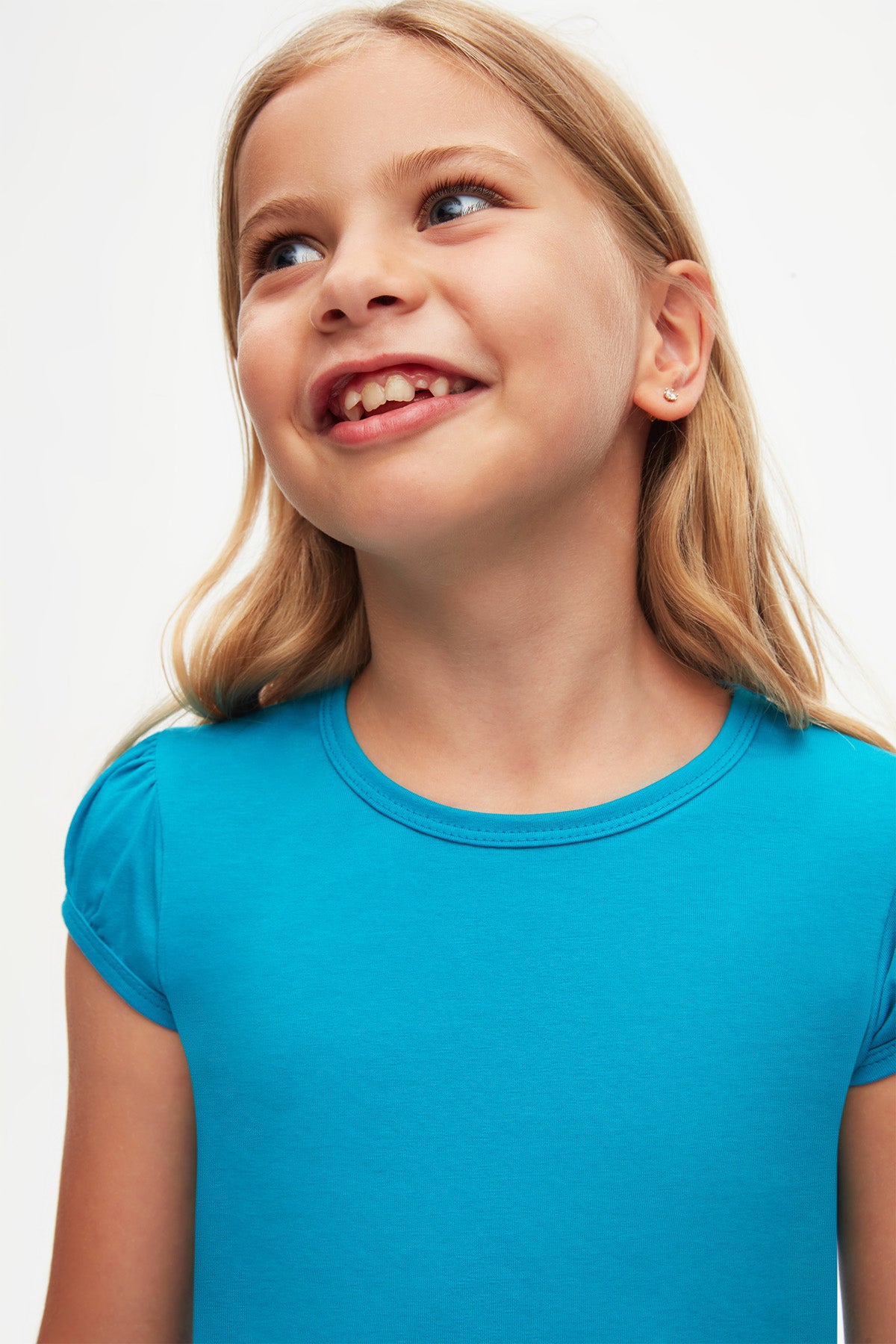 Girls' Basic Crew Neck Puff Sleeve T-Shirt (OCEAN TURQUOISE)