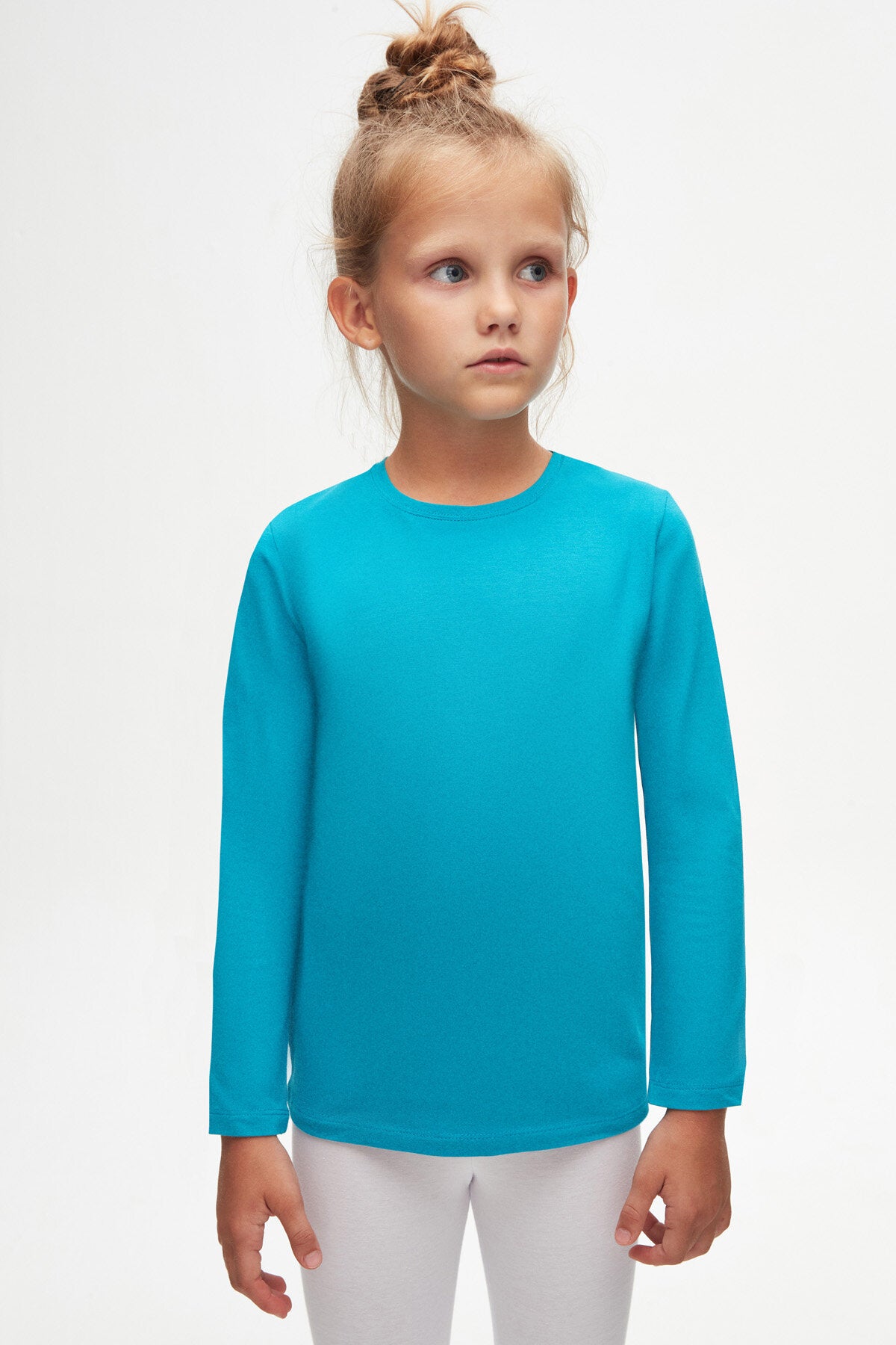 Basic Unisex Kids Seasonal Crew Neck Long Sleeve T-Shirt (OCEAN TURQUOISE)