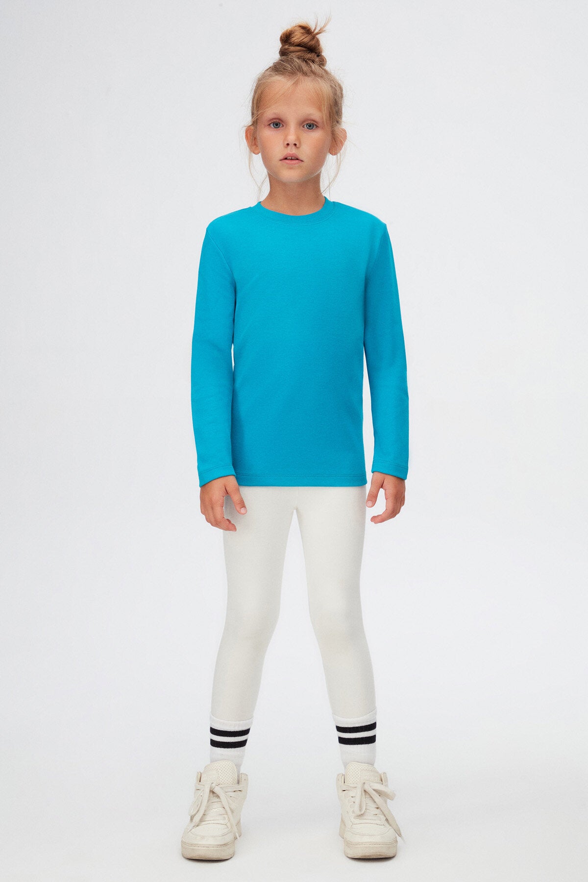 Basic Unisex Kids Winter Crew Neck Long Sleeve T-Shirt (OCEAN TURQUOISE)