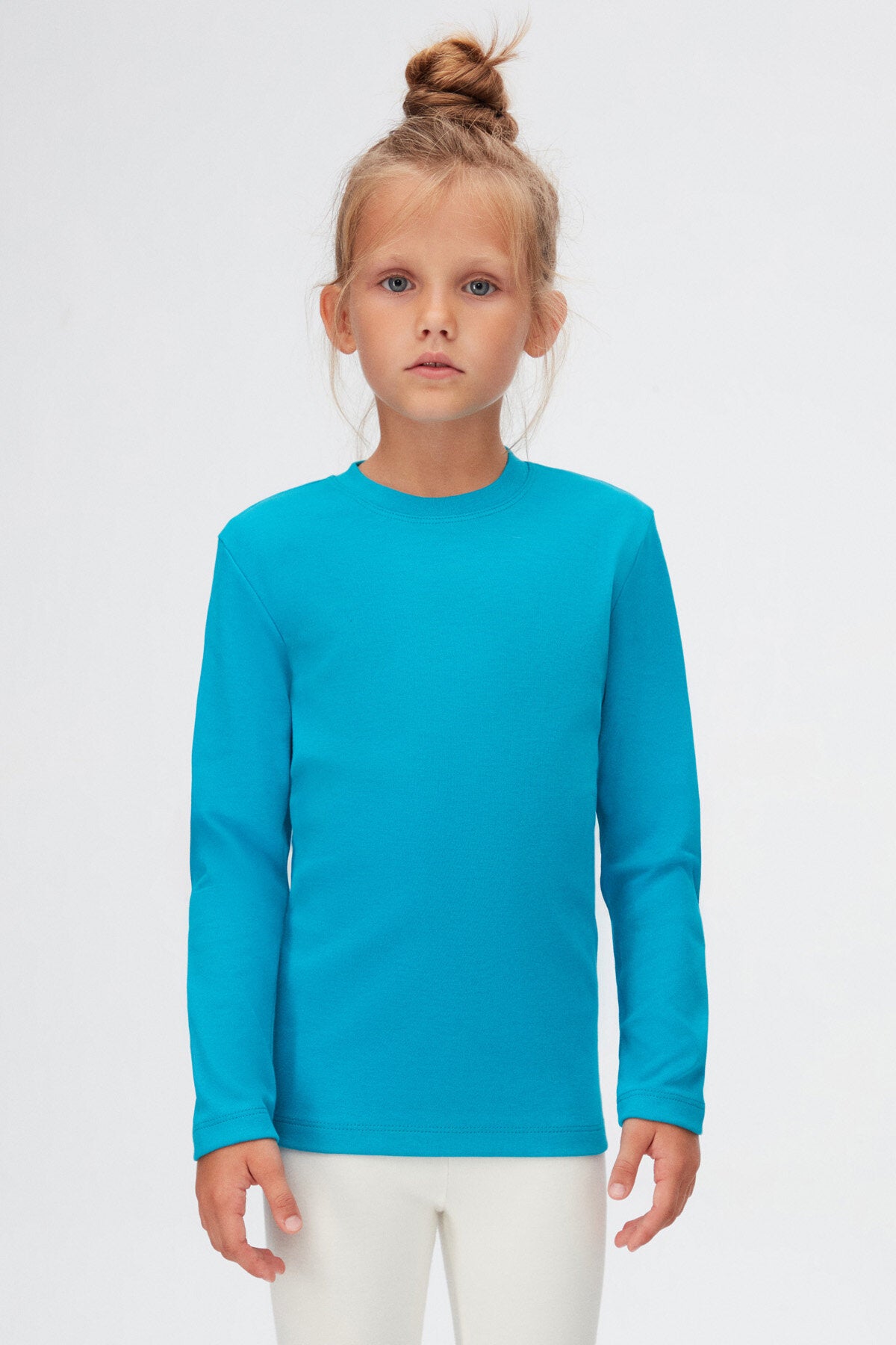Basic Unisex Kids Winter Crew Neck Long Sleeve T-Shirt (OCEAN TURQUOISE)