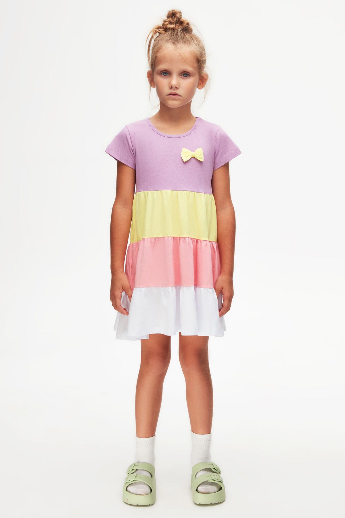 Girls Bow Tiered Short Sleeve Dress