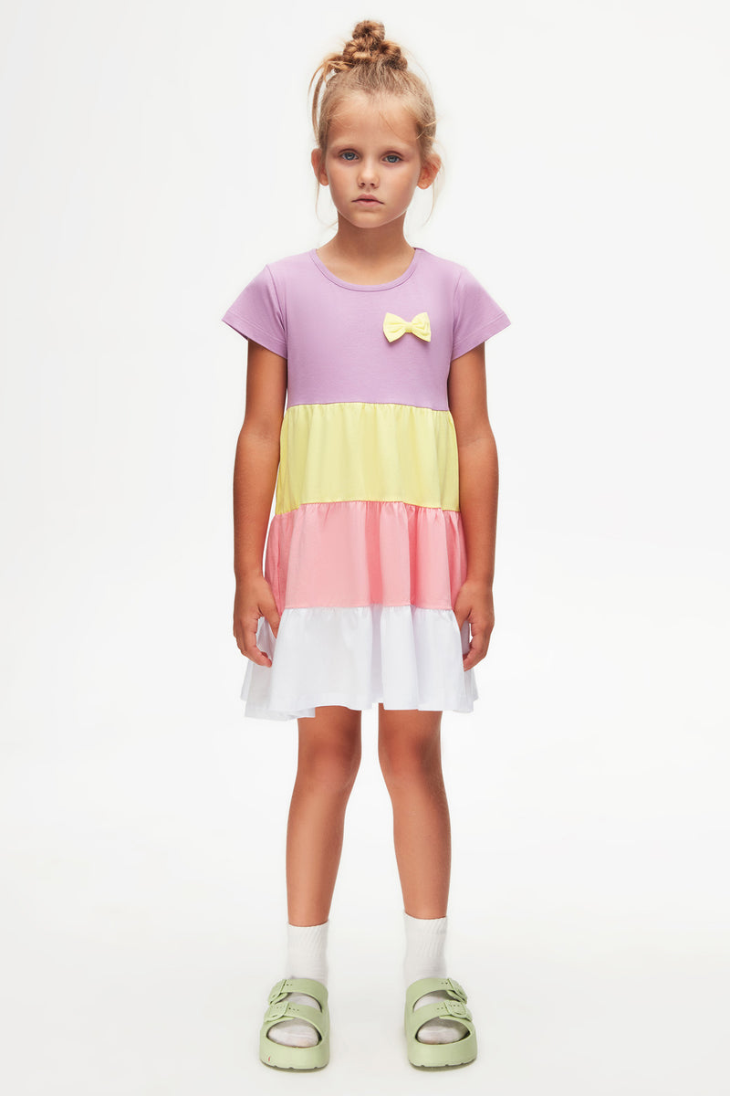 Girls Bow Tiered Short Sleeve Dress