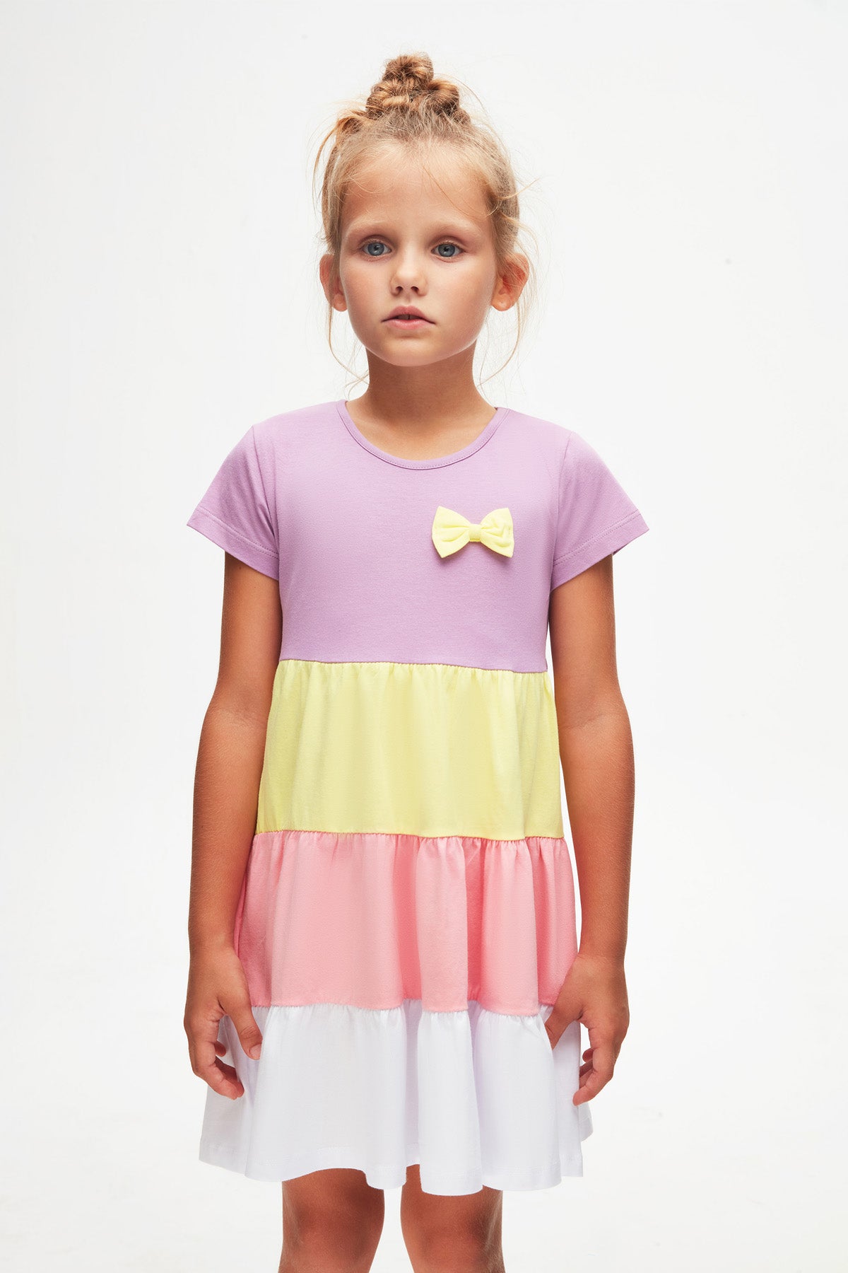 Girls Bow Tiered Short Sleeve Dress