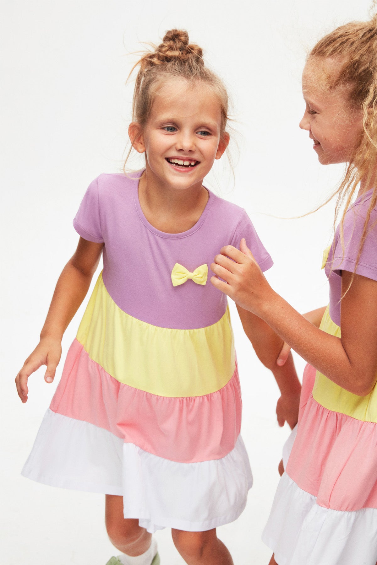 Girls Bow Tiered Short Sleeve Dress