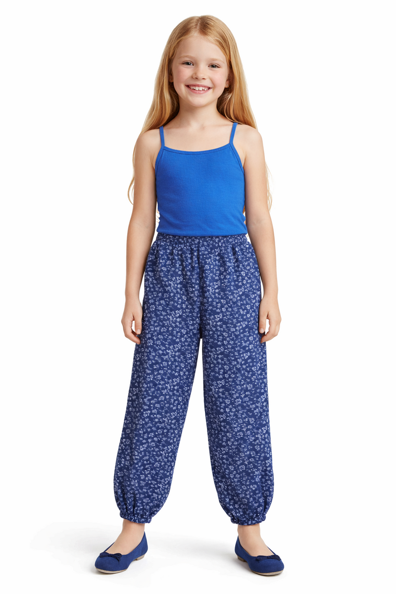 Girls' Tiny Flower Patterned Two-Thread Joggers with Pockets