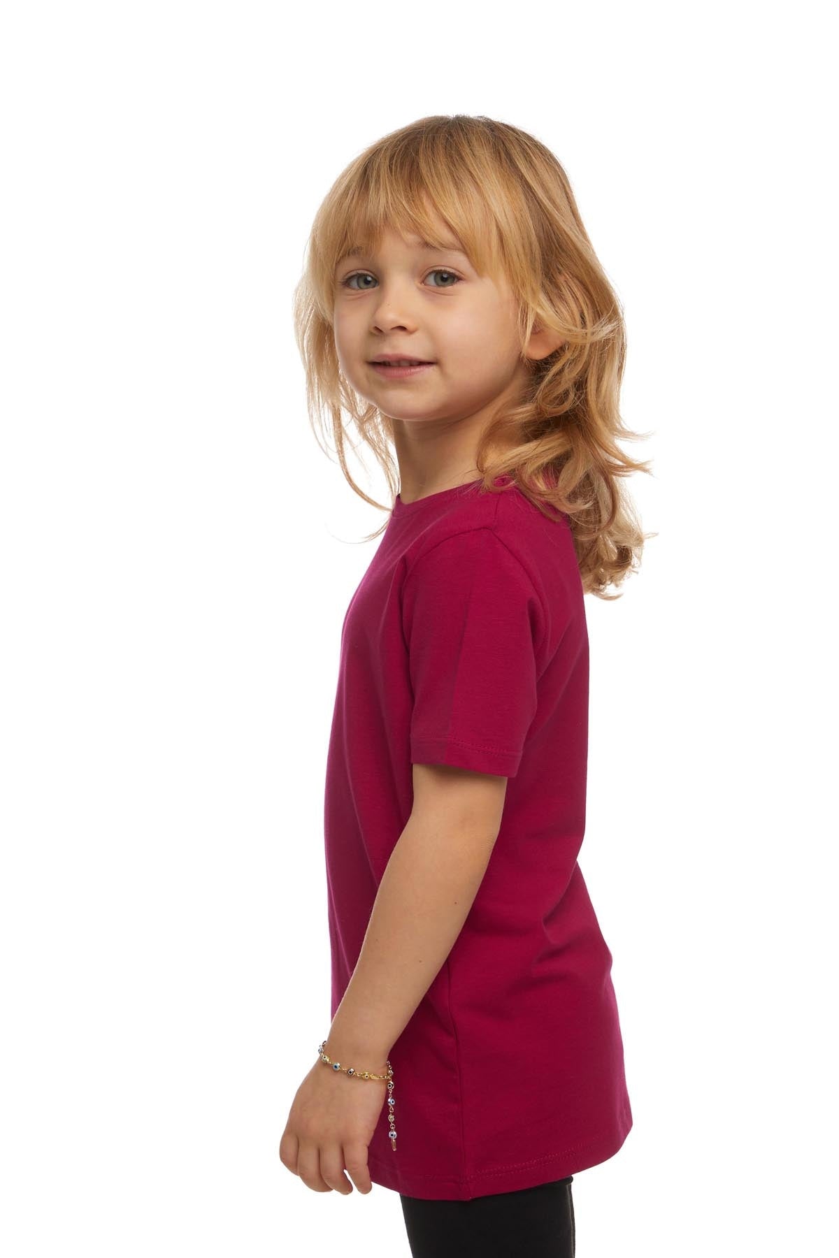 Basic Unisex Kids Crew Neck Short Sleeve T-Shirt (CRIMSON)