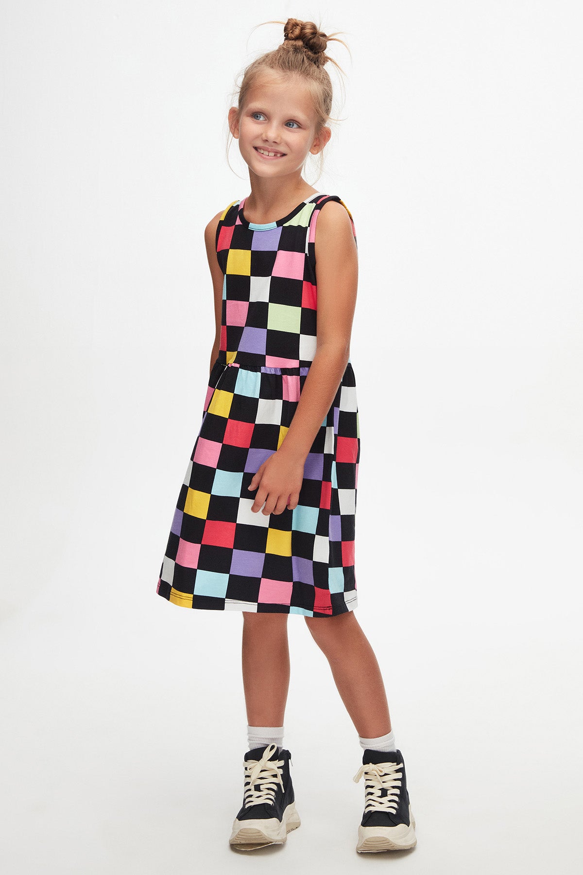 Girls' Op Art Checkers Patterned Sleeveless Dress
